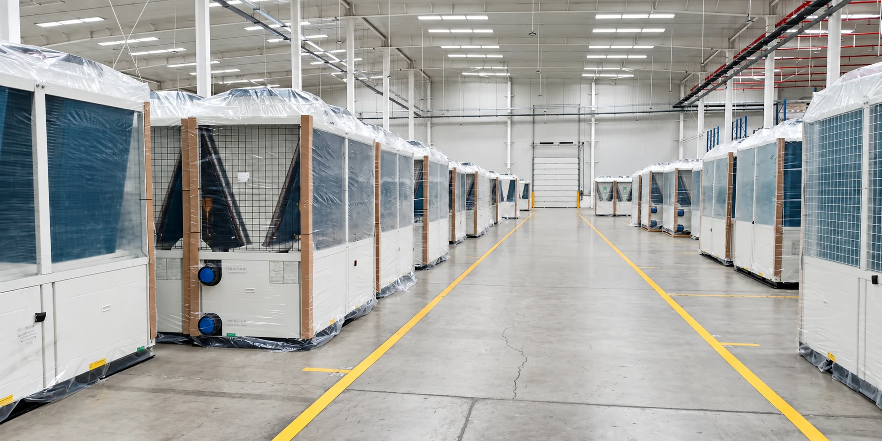 Rows of packaged HVAC units inside the Tongxing factory